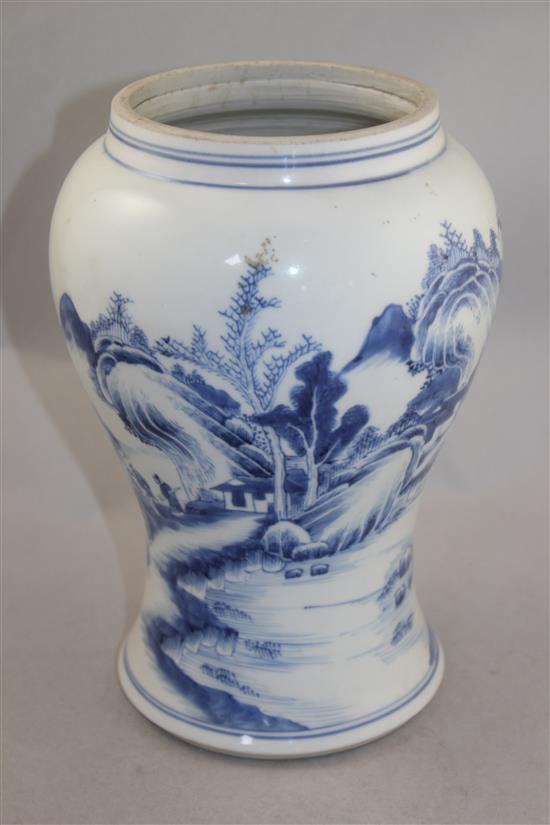 The base section of a Chinese blue and white yen-yen vase, Kangxi period, 25.5cm, neck reduced